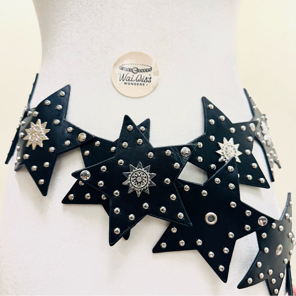 Black leather star belt with silver studs